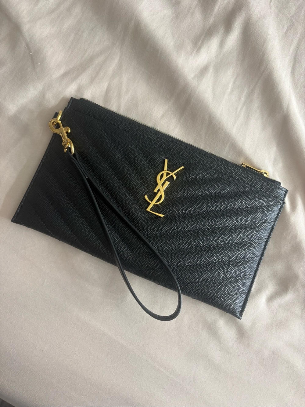 Saint Laurent Black Quilted Leather Wristlet with Gold YSL Hardware